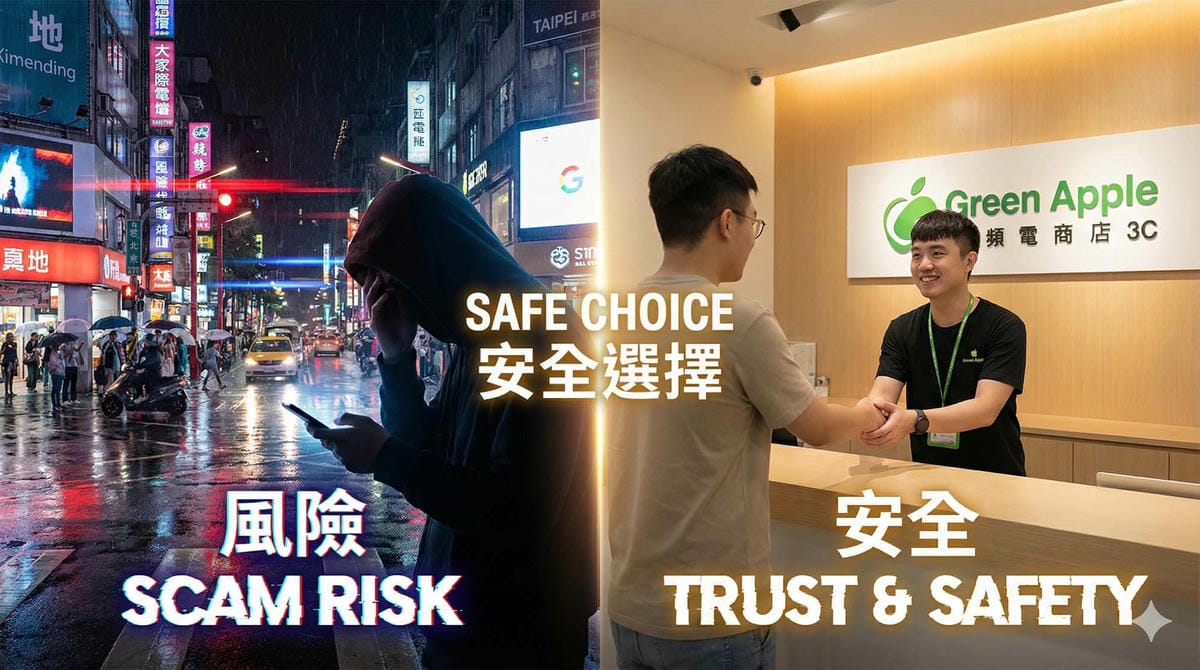 台北街頭的繁忙景象與青蘋果3C實體店面的安心對比,象徵遠距離交易的信任 / Contrast between busy Taipei streets and the safety of Green Apple 3C physical store, symbolizing trust in remote transactions.